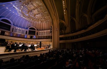 Orchestra image from symphony center with dark auditorium