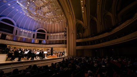 Orchestra image from symphony center with dark auditorium