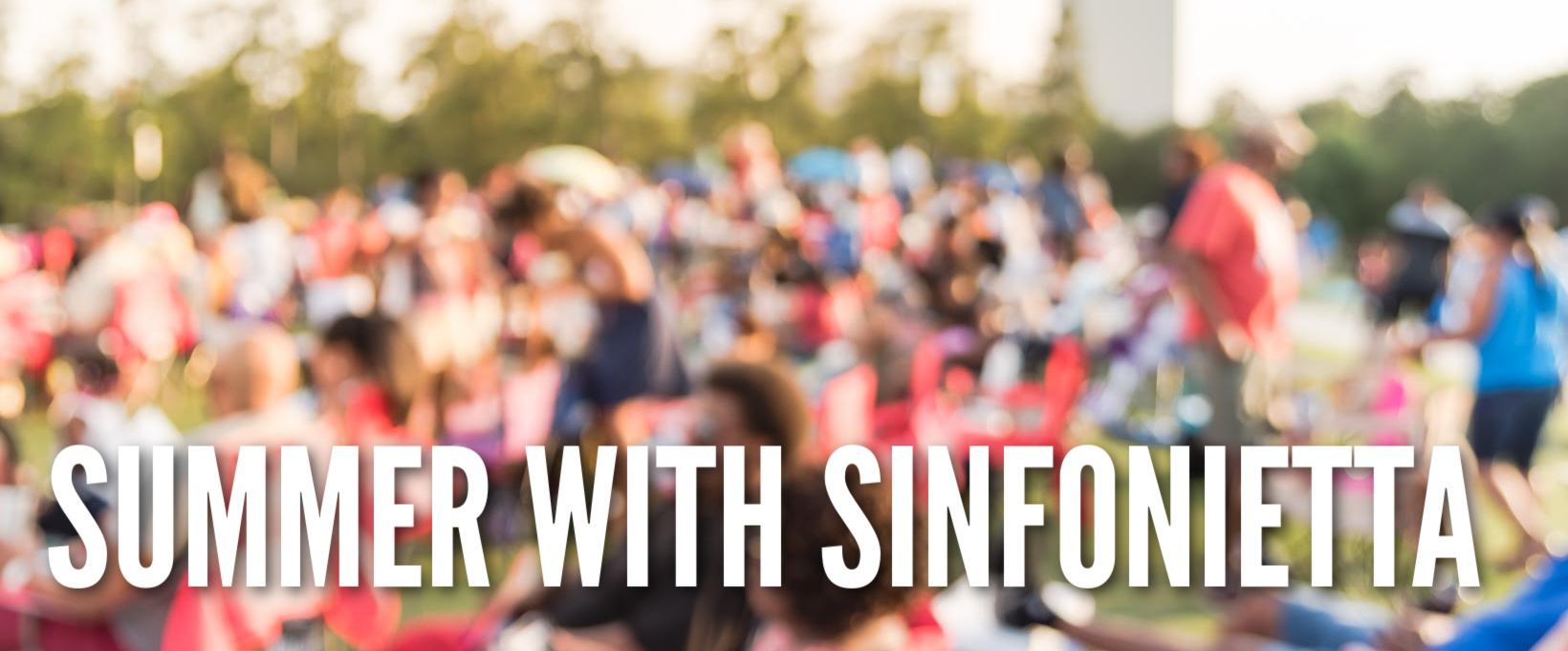 Blurry image of a crowd of people seated on a lawn during a festival with the words summer with sinfonietta in white overlayed on it